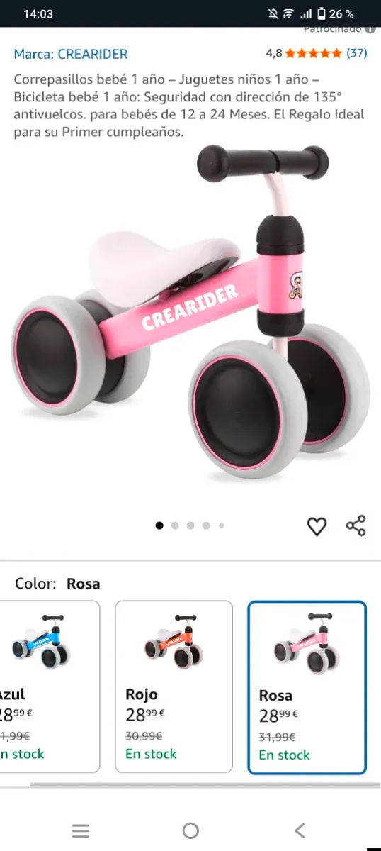 Bici correpasillos CREARIDER rosa 1 año