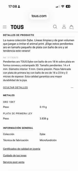 Pendientes nuevos de aro Tous baño oro 18 kt