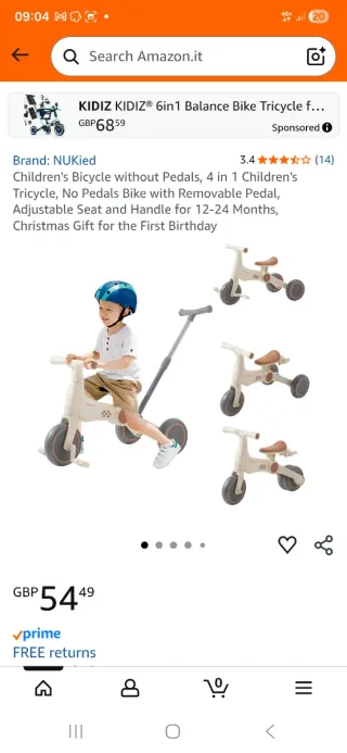 Triciclo per bambini con maniglione