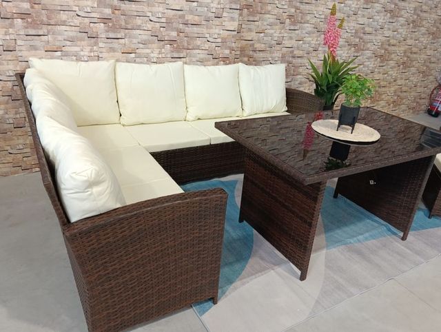 Juego terraza mimbre marrón-beige