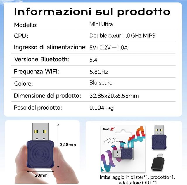 Carlinkit Mini Adattatore Wireless USB-A/C