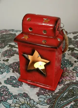 Portacandele Lanterna Ceramica Rossa Stelle