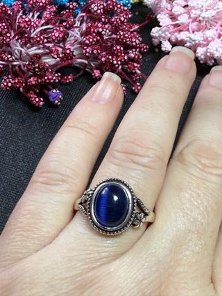 Anillo baño de Plata 925 Ojo Tigre Azul