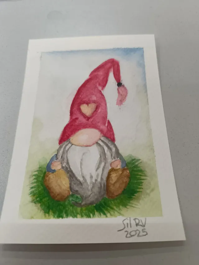 Ilustración acuarela original de gnomo. Postal.