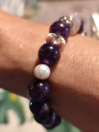 Pulsera Amatista, Ágata, Cuarzo Cristal y Perlas