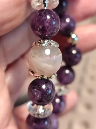 Pulsera Amatista, Ágata, Cuarzo Cristal y Perlas