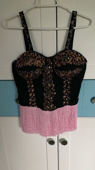 Corsé pedrería con flecos rosa