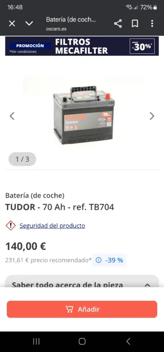 Batería Coche Tudor Technica TB704 70Ah