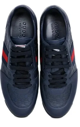 Zapatilla De Cuero Gucci Guccissima Web Azul Tinta