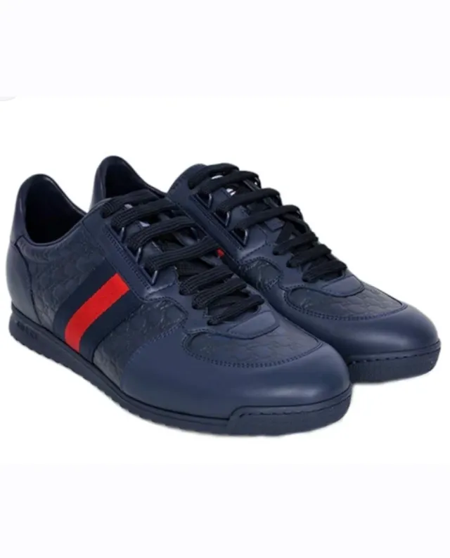 Zapatilla De Cuero Gucci Guccissima Web Azul Tinta
