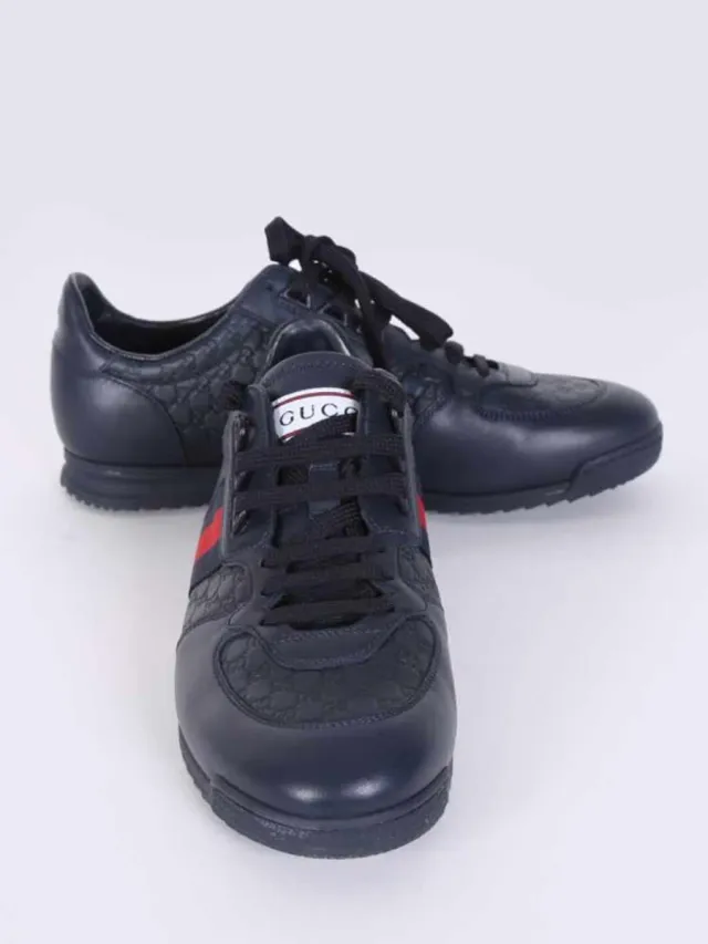 Zapatilla De Cuero Gucci Guccissima Web Azul Tinta