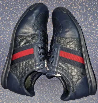 Zapatilla De Cuero Gucci Guccissima Web Azul Tinta