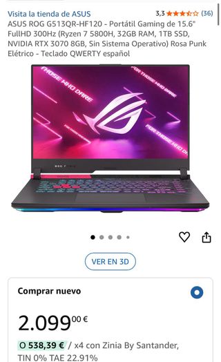 Portátil Asus ROG G513 5800H 32Gb 1TB RTX3070 8Gb