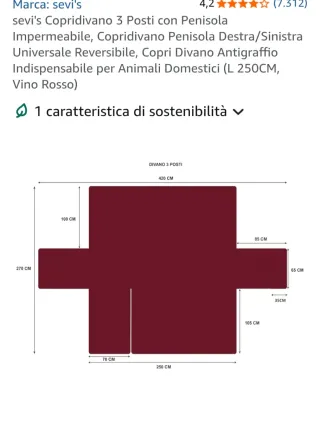 Copridivano rosso bordeaux con penisola