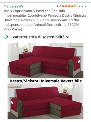 Copridivano rosso bordeaux con penisola