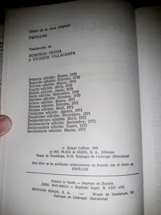NOVELA "PAPILLON". Edición de 1973