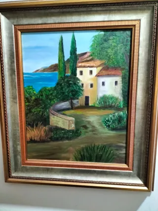 Cuadro al óleo paisaje marino con casas