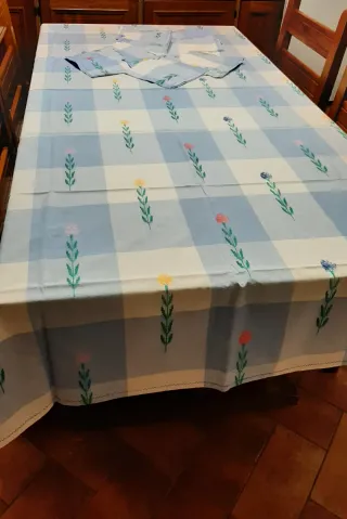 Tovaglia a quadri celeste e bianco con fiori
