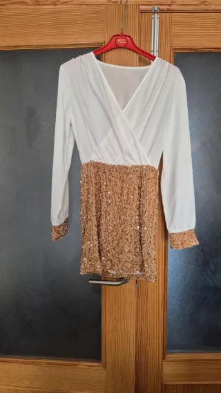 Vestido fiesta lentejuelas dorado y blanco
