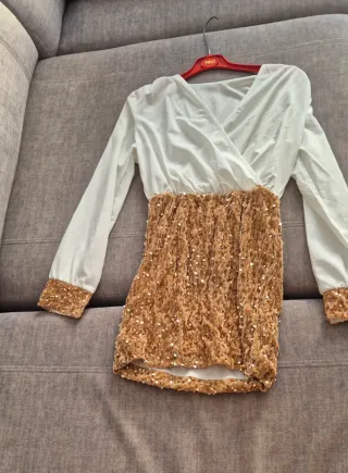 Vestido fiesta lentejuelas dorado y blanco