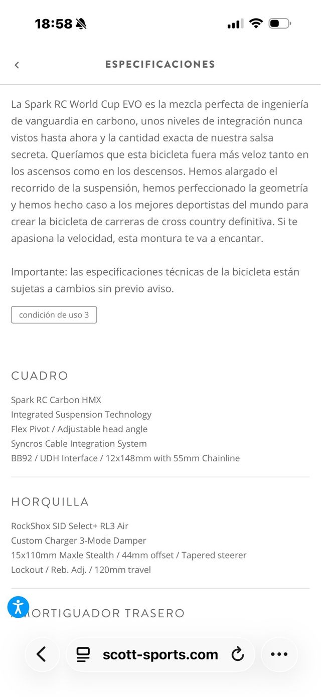 Bicicleta Scott Spark RC World Cup talla L 2023