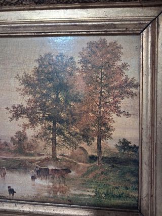 antiguo cuadro paisaje con animales