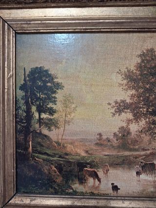 antiguo cuadro paisaje con animales