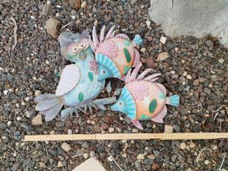 Decoración jardín búho y peces metal