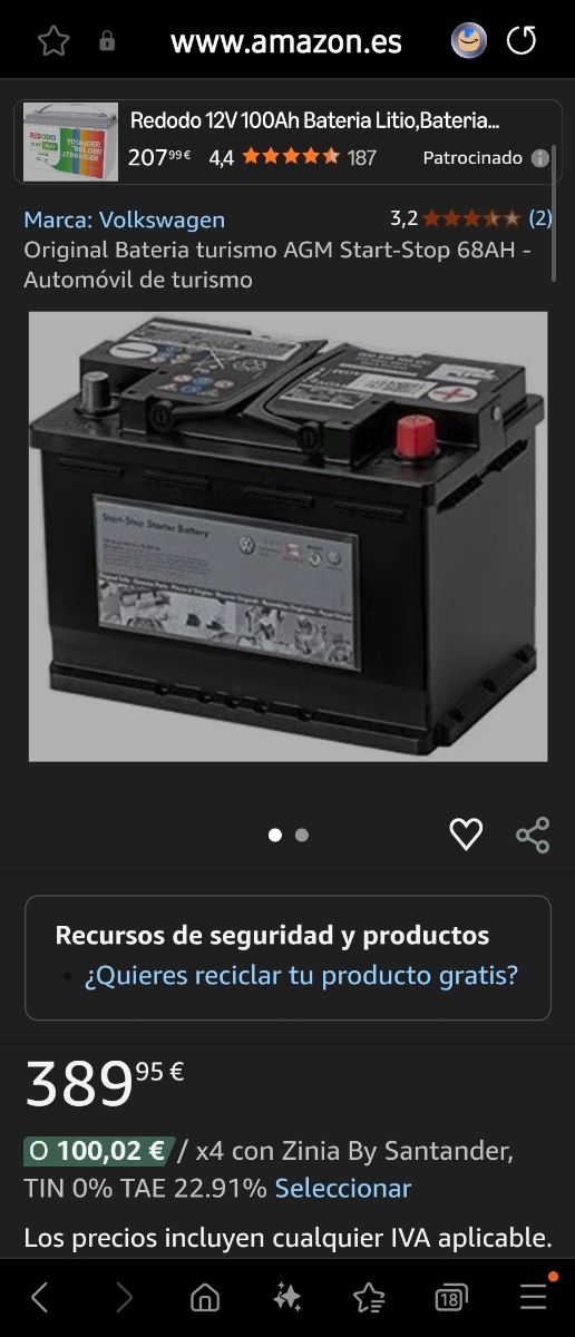 Batería Coche AGM Volkswagen 68Ah 380A