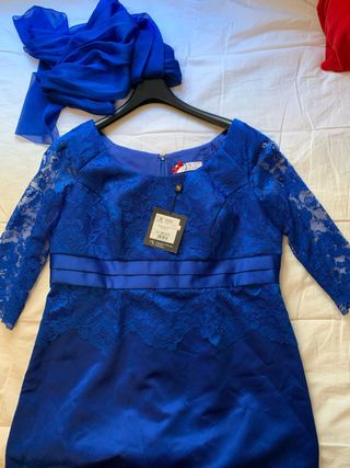 Vestido satén y encaje azul marino