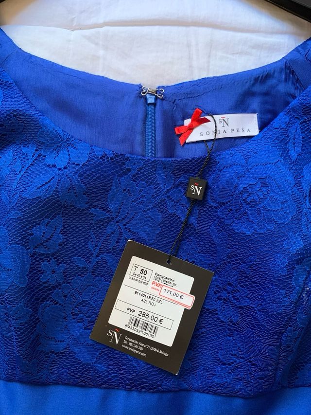 Vestido satén y encaje azul marino