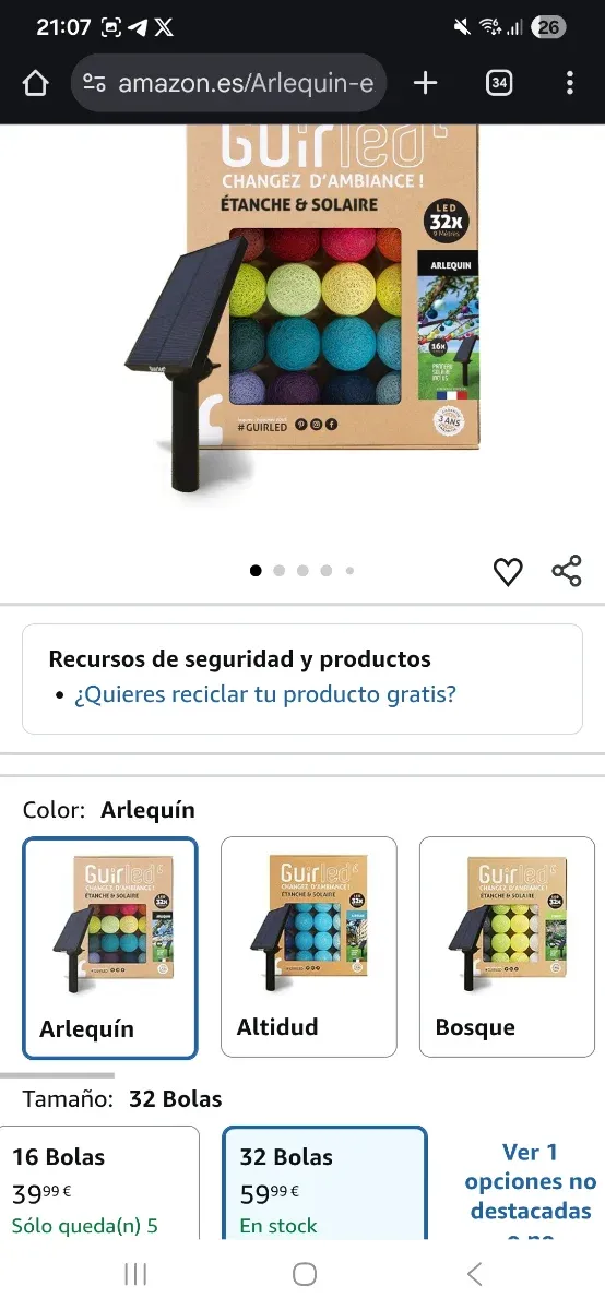 Guirnalda LED Solar / 32 Bolas con Panel solar