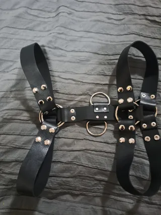 Arnés de cuero negro con anillas