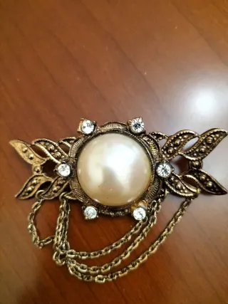 Broche Vintage Perla y Cristales Chapado Oro