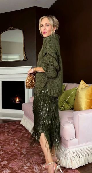 Falda Zara flecos verde Talla L (40)