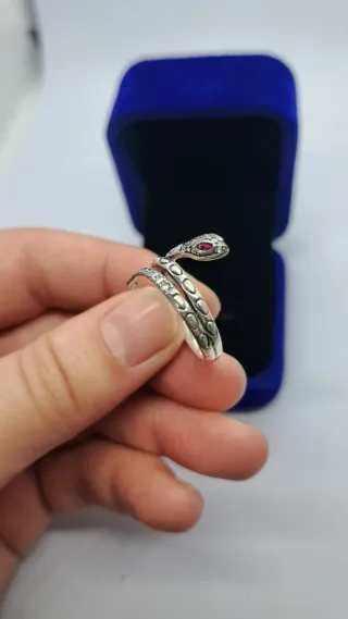 Anillo Serpiente Plata Ley 925 Ojos Rojos