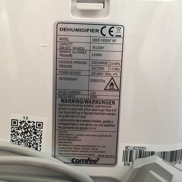 Comfee Deumidificatore MDDF-16DEN7 WF 16l/24h smar