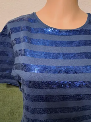 Blusa azul con rayas de lentejuelas
