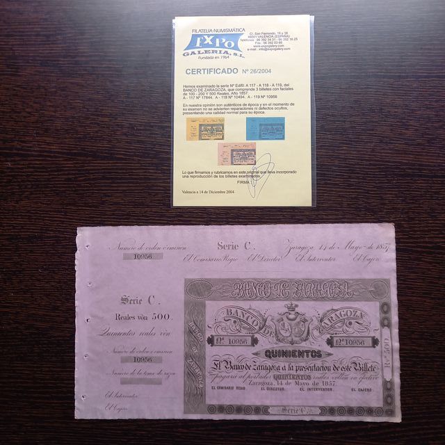 Billete 500 Reales 1857 Banco Zaragoza SC