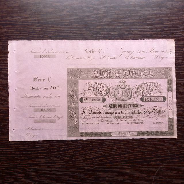 Billete 500 Reales 1857 Banco Zaragoza SC