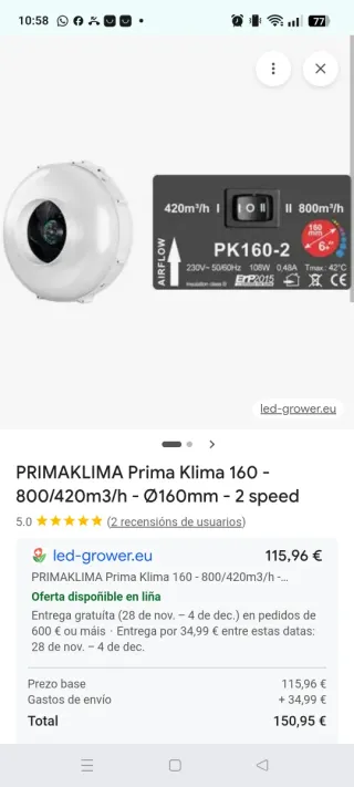 Extractor de aire  Prima Klima Modelo PK160-2