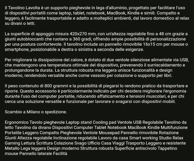 Tavolino pieghevole multiuso ventole USB nuovo