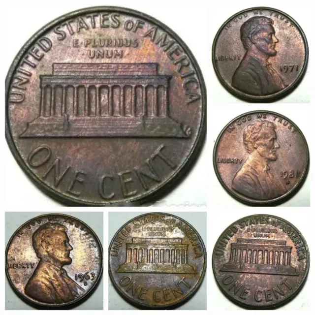 3 Monedas USA 1 Cent Lincoln Pátina Multicolor