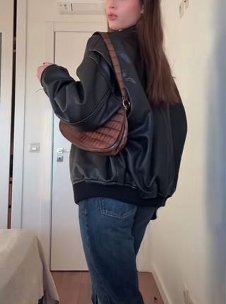 Cazadora Bomber Piel Zara Negra