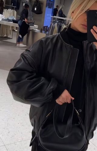 Cazadora Bomber Piel Zara Negra