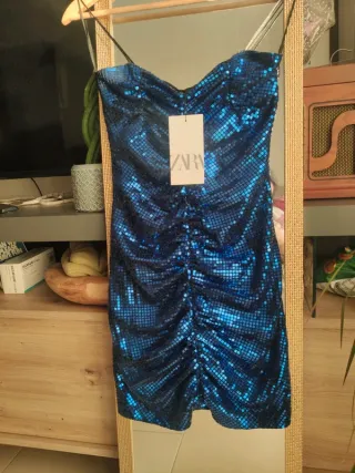 Vestido de fiesta azul brillante ZARA lentejuelas