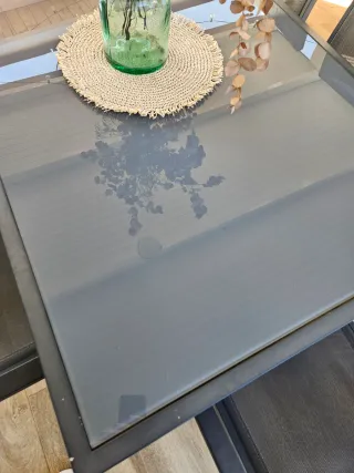 Mesa 150x90 y 6 Sillas Exterior Cristal y Metal al