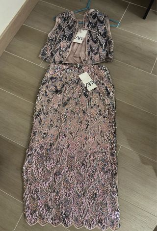 Vestido brillante oro y rosa