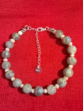 Pulsera de piedras labrador y perlas cerra de plat