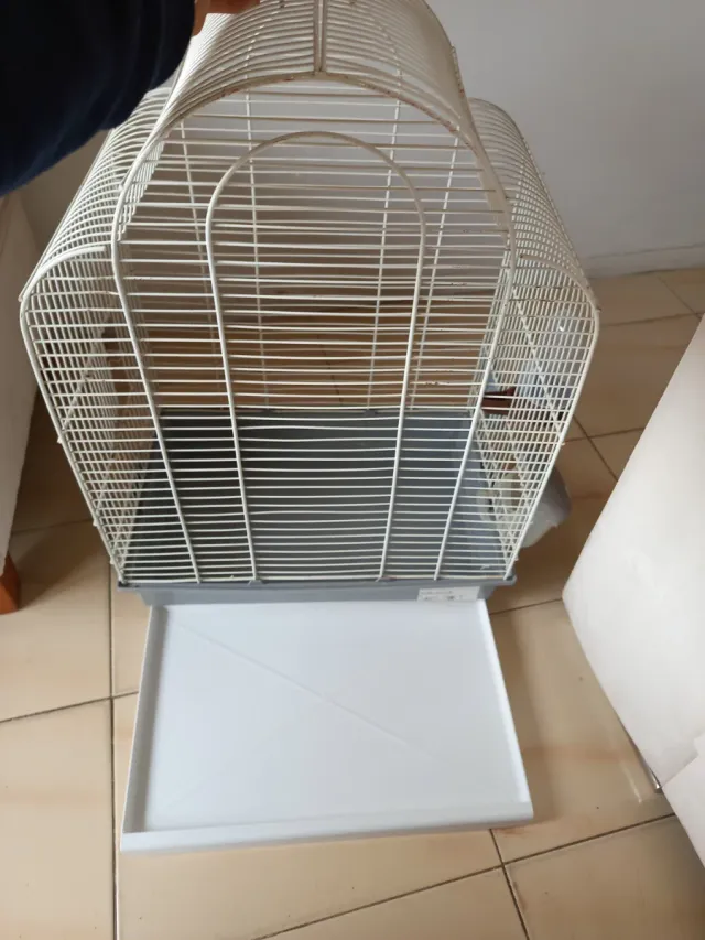Jaula para pájaros blanca y gris